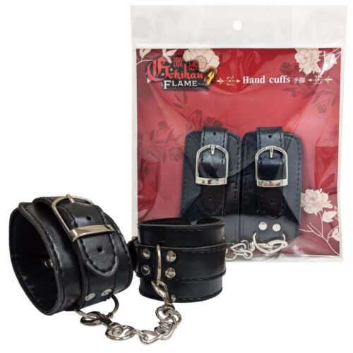 日本MERCI - 激感FLAME 高級漆黑皮革手枷 [附可拆鏈條]